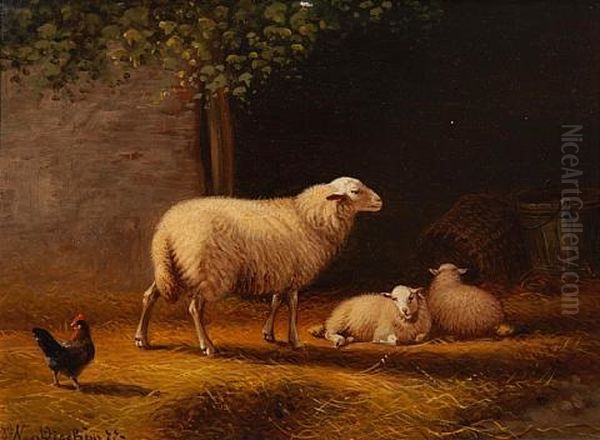 Ewe And Lambs Outside A Barn (+ Sheep And A Goat In A Landscape; Pair) - view 1