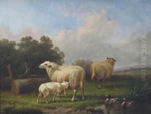 Sheep By A Barn (+ Sheep And Ducks In A Landscape; 2 Works) by Jacob Van Dieghem