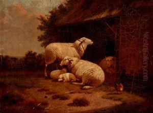 Sheep And Lambs Outside A Barn by Jacob Van Dieghem