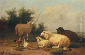 Sheep And Lambs Resting By The Coast by Jacob Van Dieghem