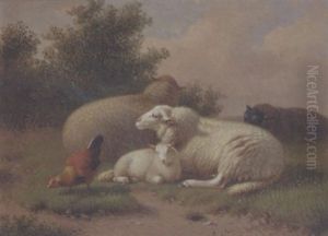 Sheep And Hen In A Landscape by Jacob Van Dieghem