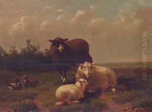 Sheep And Ducks In A Meadow by Jacob Van Dieghem