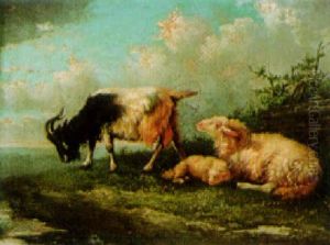 A Goat And A Sheep Watering by Jacob Van Dieghem