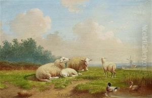 Sheep And Ducks In Dutch Landscape by Joseph Van Dieghem