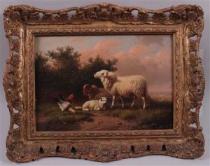 Schafe Und Huhner Auf Der Wiese by Joseph Van Dieghem