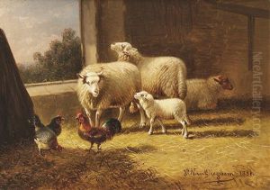 Schafe Und Federvieh Im Stall by Joseph Van Dieghem
