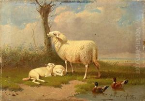 Schafe Und Enten In Besonnter Teichlandschaft by Joseph Van Dieghem