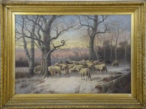 Berger Et Moutons Dans Un Paysage Enneige, Hal by Joseph Van Dieghem