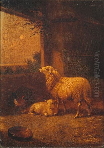 Sheep And Fowl In A Barn Interior - view 1