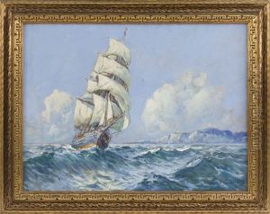 Clipper Ship And Lighthouse by Arthur Vidal Diehl