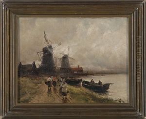 Dutch Scene With Windmills And Figures by Arthur Vidal Diehl