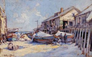 Figures And Sailboats At A Sunny Boatyard by Arthur Vidal Diehl