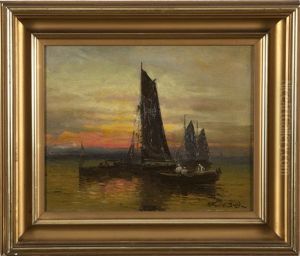Harbor Scene At Sunset by Arthur Vidal Diehl