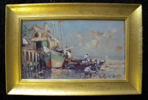 Untitled Fishermen, Boats And Pier