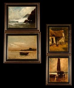 First: Woman Feeding Chickens; Second: Fishing Boat On Shore With Figures; Third: Crashing Waves; Fourth: Beached Boat, Each: by Arthur Vidal Diehl