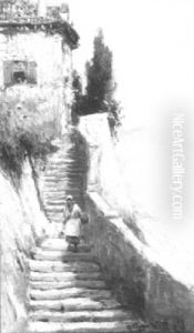 Woman Descending A Staircase With Water Jugs
