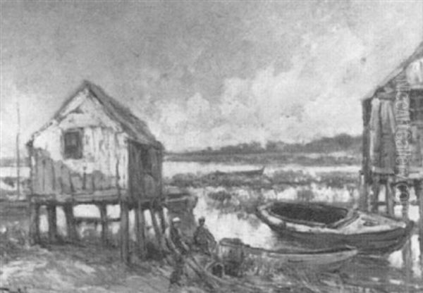 Seashore Scene Of Two Men Hauling Barrels And Nets - view 1