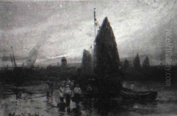 Fisherfolk On The Beach At Sunset - view 1