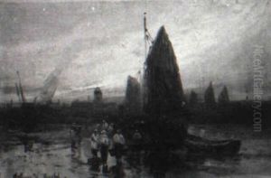 Fisherfolk On The Beach At Sunset by Arthur Vidal Diehl