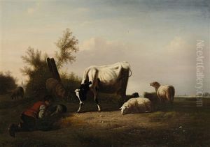 Schafe Und Kuh Auf Der Weide Mit Schlafendem Schafer by Pierre-Emanuel Dielman the Younger