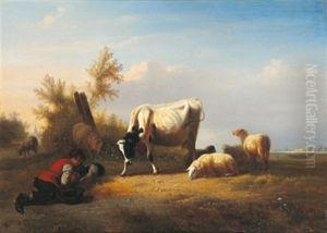 Schafe Und Kuh Auf Der Weide Mit Schlafenden Schafer by Pierre-Emanuel Dielman the Younger