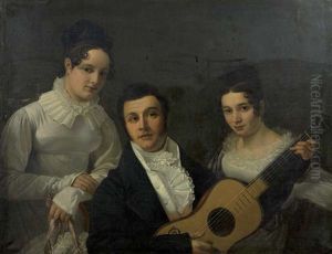 Portrait D'un Musicien Entoure De Deux Jeunes Femmes by Charles Dielman