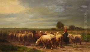 Landscape With A Shepherdess And A Flock Of Sheep by Charles Dielman
