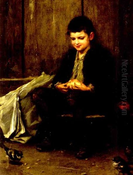 A Boy Peeling An Orange With Sparrows Feeding At His Feet - view 1