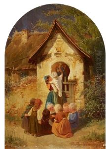 Children By A Chapel by Jakob Fuerchtegott Dielmann
