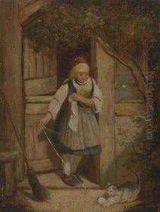 Madchen Mit Katze Vor Dem Haus by Jakob Fuerchtegott Dielmann