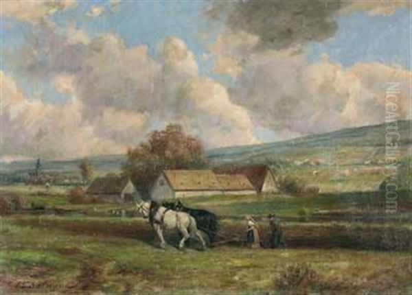 Sommerlandschaft Mit Pflugendem Bauernpaar Vor Oberhessischem Dorf - view 1