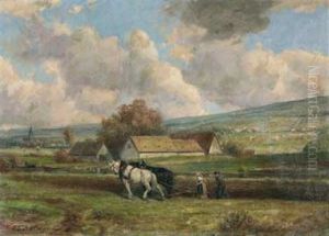 Sommerlandschaft Mit Pflugendem Bauernpaar Vor Oberhessischem Dorf by Julius F. Dielmann