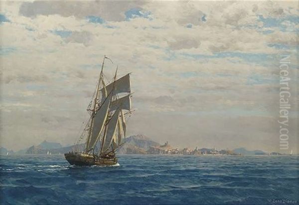 Segelboot Vor Sudlicher Kustenlandschaft - view 1