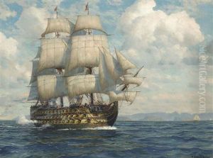 Nelson's Flagship, H.m.s. Victory, Firing A Salute As She Approaches The Fleet Before Trafalgar