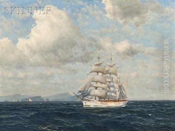 Square-rigged Ship Under Sail, Coastal Craft And Cliffs Beyond - view 1
