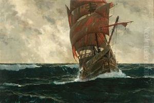 The "santa Maria" At Sea With The Figure Of Christopher Colombus At The Bow