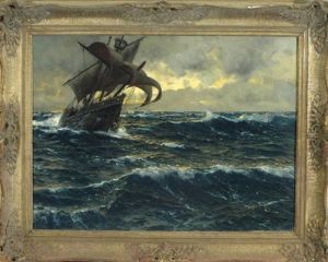 Segelschiff Bei Sturm Auf Schaumender See Im Abendlicht by Michael Zeno Diemer