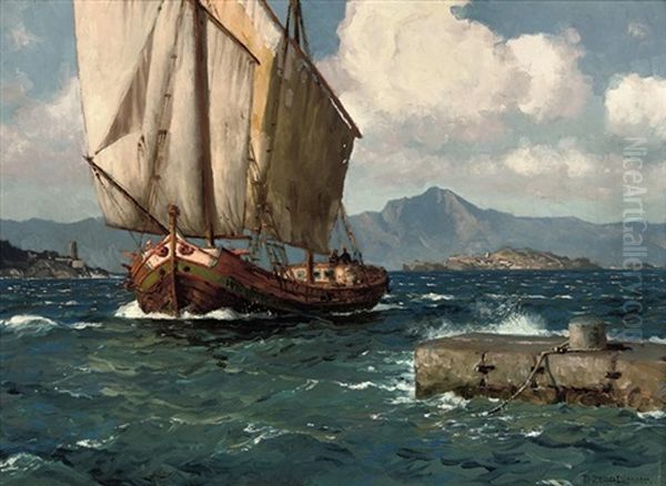 A Fishing Vessel Running Before The Wind Off The Albanian Coast - view 1