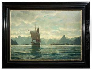 Lomaden Norwegen. Segelschiff Vor Beeindruckender Gebirgskulisse Lomaden Norwegen. Segelschiff Vor Beeindruckender Gebirgskulisse