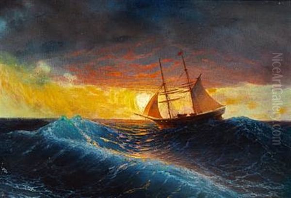 Sailing Ship At Sea In The Sunset - view 1