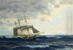 Eine Bark Unter Teils Gerefften Segeln Vor Fernem Kustengebirge Eine Bark Unter Teils Gerefften Segeln Vor Fernem Kustengebirge