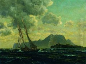 Schoner Vor Felsiger Kustenlandschaft Mit Leuchtturm by Michael Zeno Diemer