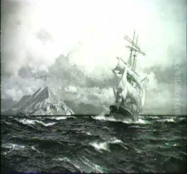 Segelschiff Auf Bewegter See Vor Der Felskuste - view 1