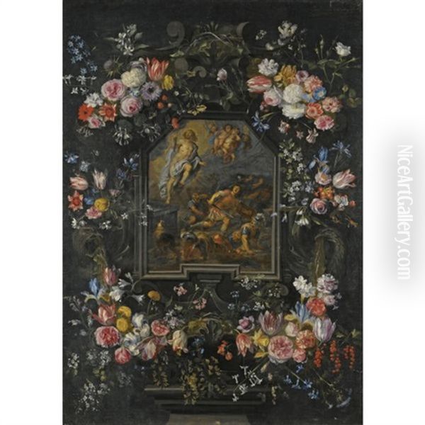 Garlands Of Flowers Surrounding A Stone Cartouche, Depicting The Resurrection - view 1