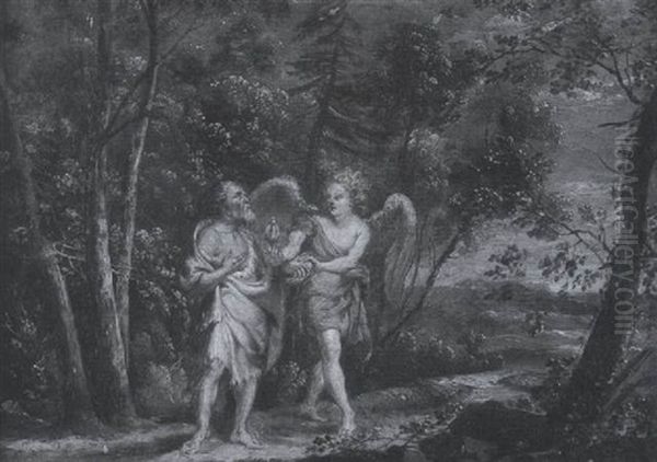 Der Prophet Elia Erhalt Brot Und Wasser Von Einem Engel Auf Einer Waldlichtung Mit Weitem Blick In Die Landschaft - view 1