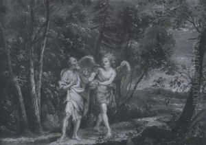 Der Prophet Elia Erhalt Brot Und Wasser Von Einem Engel Auf Einer Waldlichtung Mit Weitem Blick In Die Landschaft