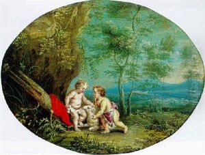 Zwei Amoretten In Einer Landschaft by Abraham van Diepenbeeck