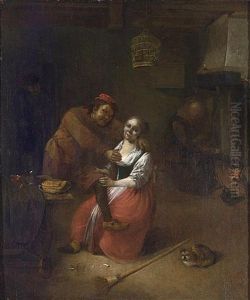 An Amorous Couple In An Inn, With A Woman By A Fireplace In The Background, A Broom And A Cat In Front by Abraham Diepraam