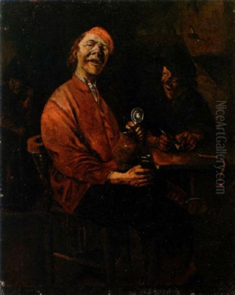Two Peasants Drinking And Smoking At A Table In A Tavern, Another Figure With A Staff In The Background - view 1