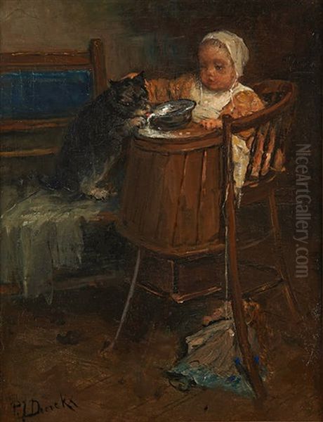 L"enfant Dans Sa Chaise Haute Et Son Chat - view 1